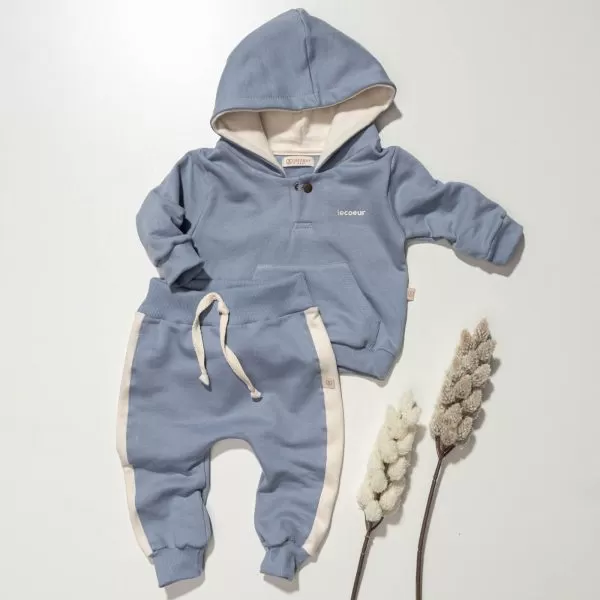 Conjunto Bebê Casaco com Capuz e Calça em Moletom Unissex Azul Denim