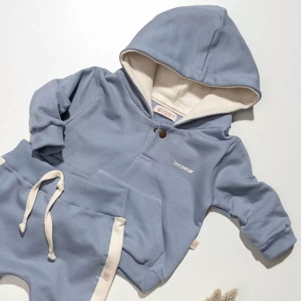 Conjunto Bebê Casaco com Capuz e Calça em Moletom Unissex Azul Denim - Image 2